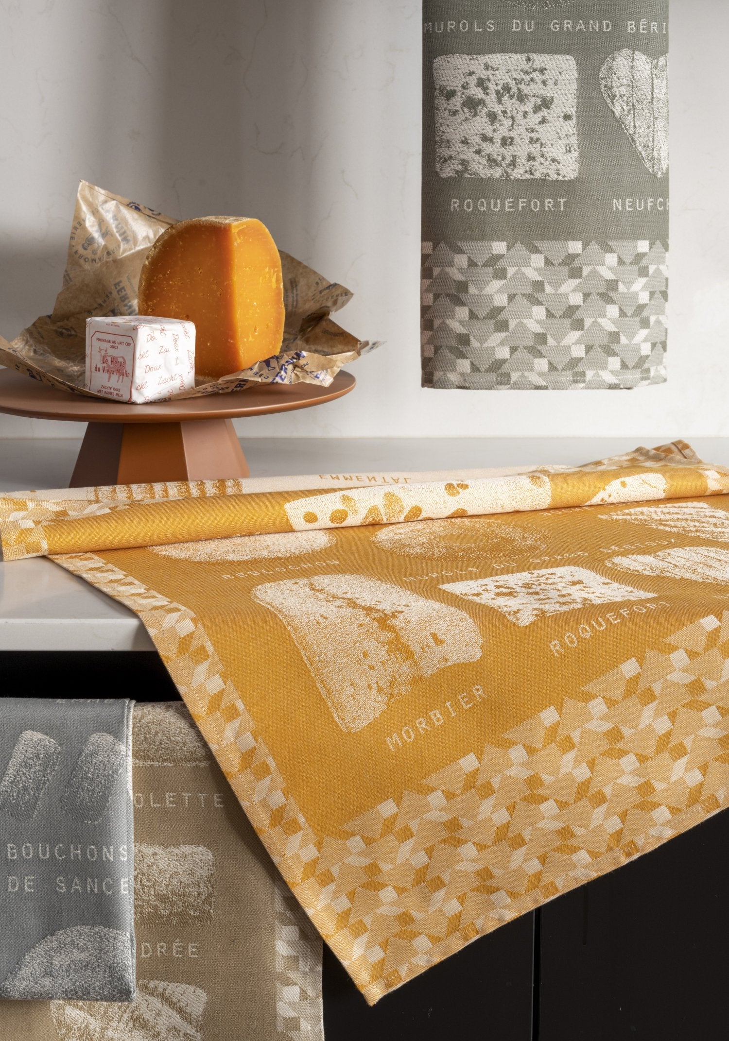 Jacquard Francais "Fromage" (Orange), Woven cotton tea towel. Made in France.