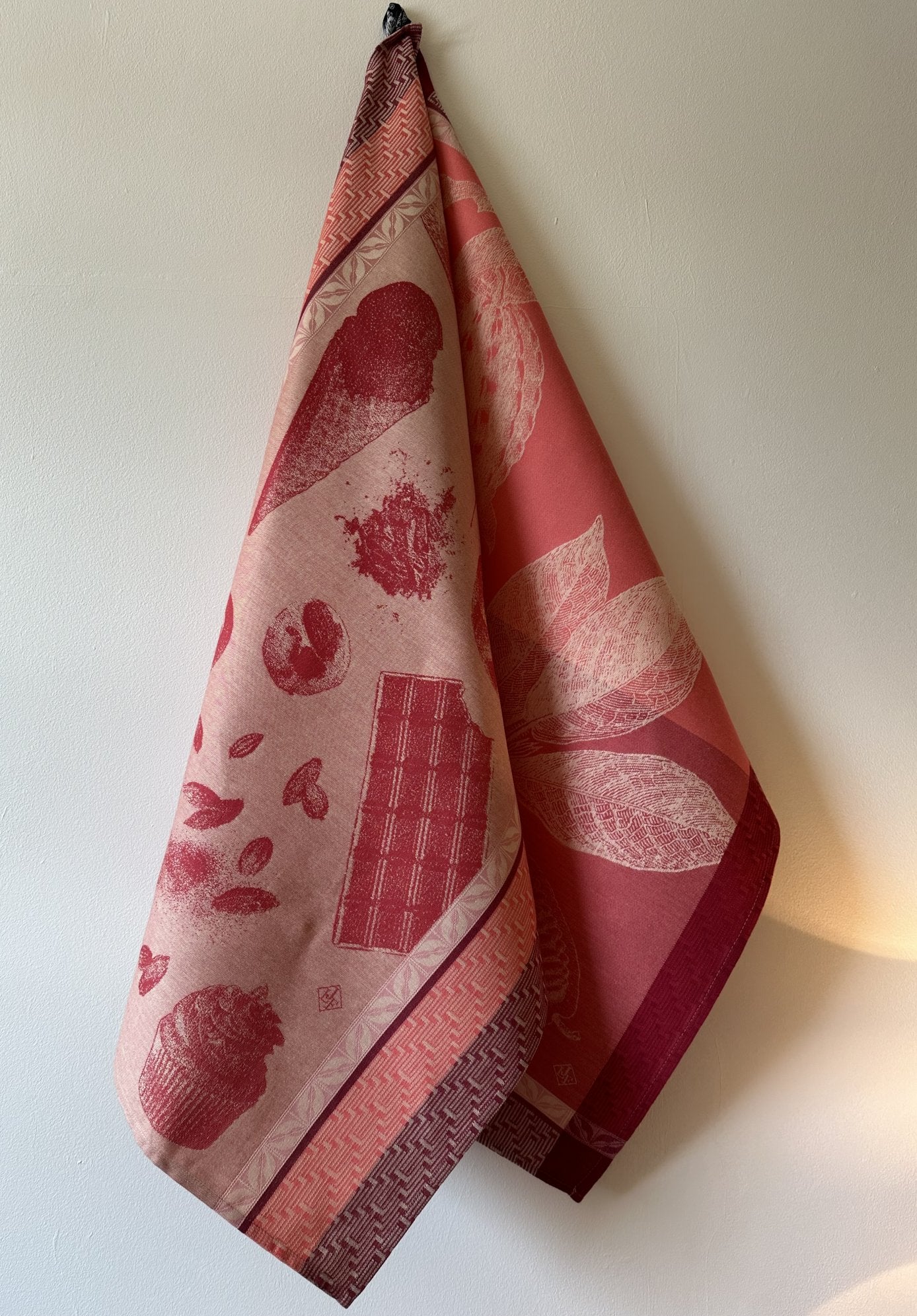 Jacquard Francais "Chocolates - Recettes" (Pink), Woven cotton tea towel. Made in France.