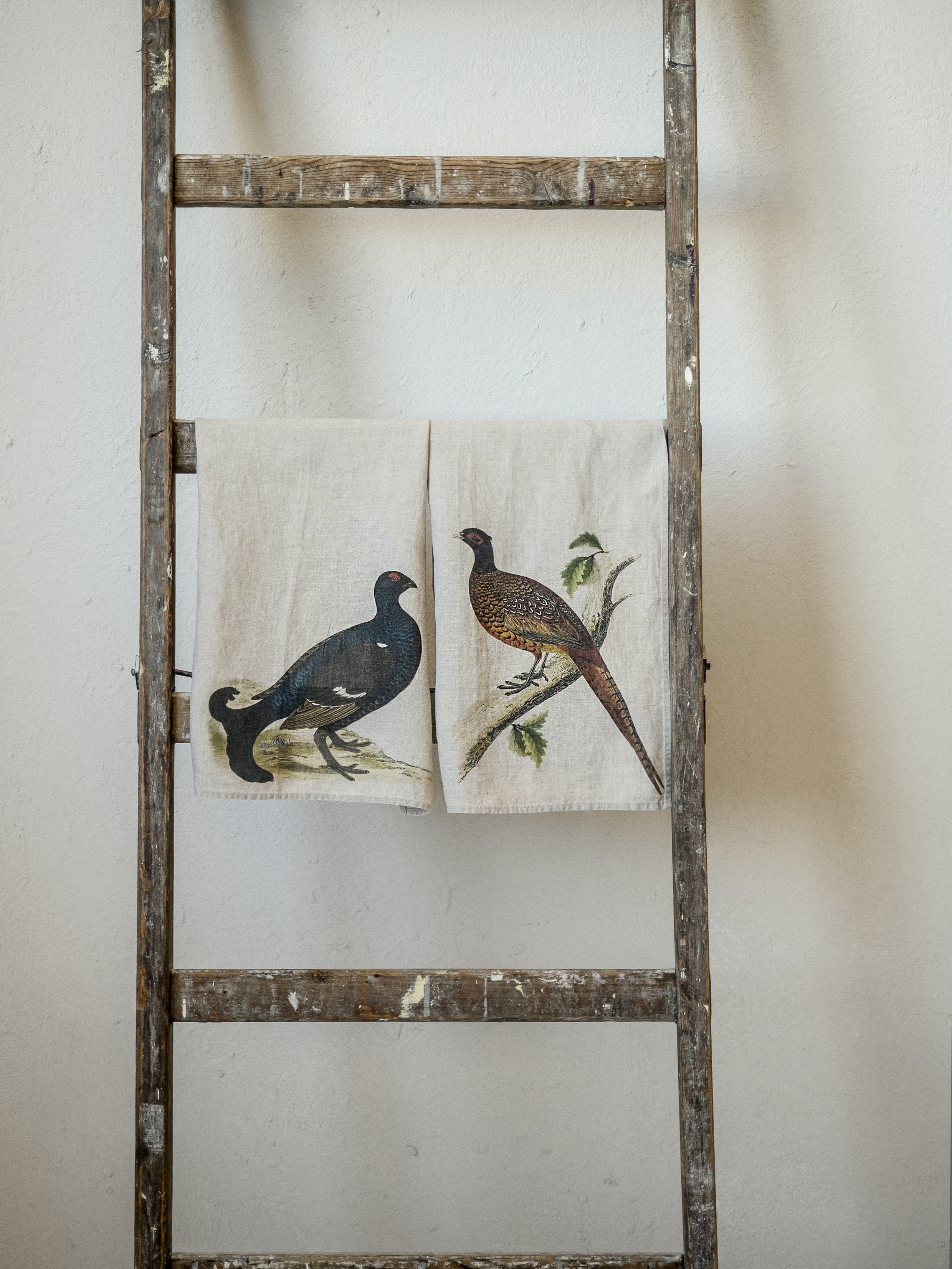 Linoroom "Forest Birds," Pair of pure linen printed tea towels.