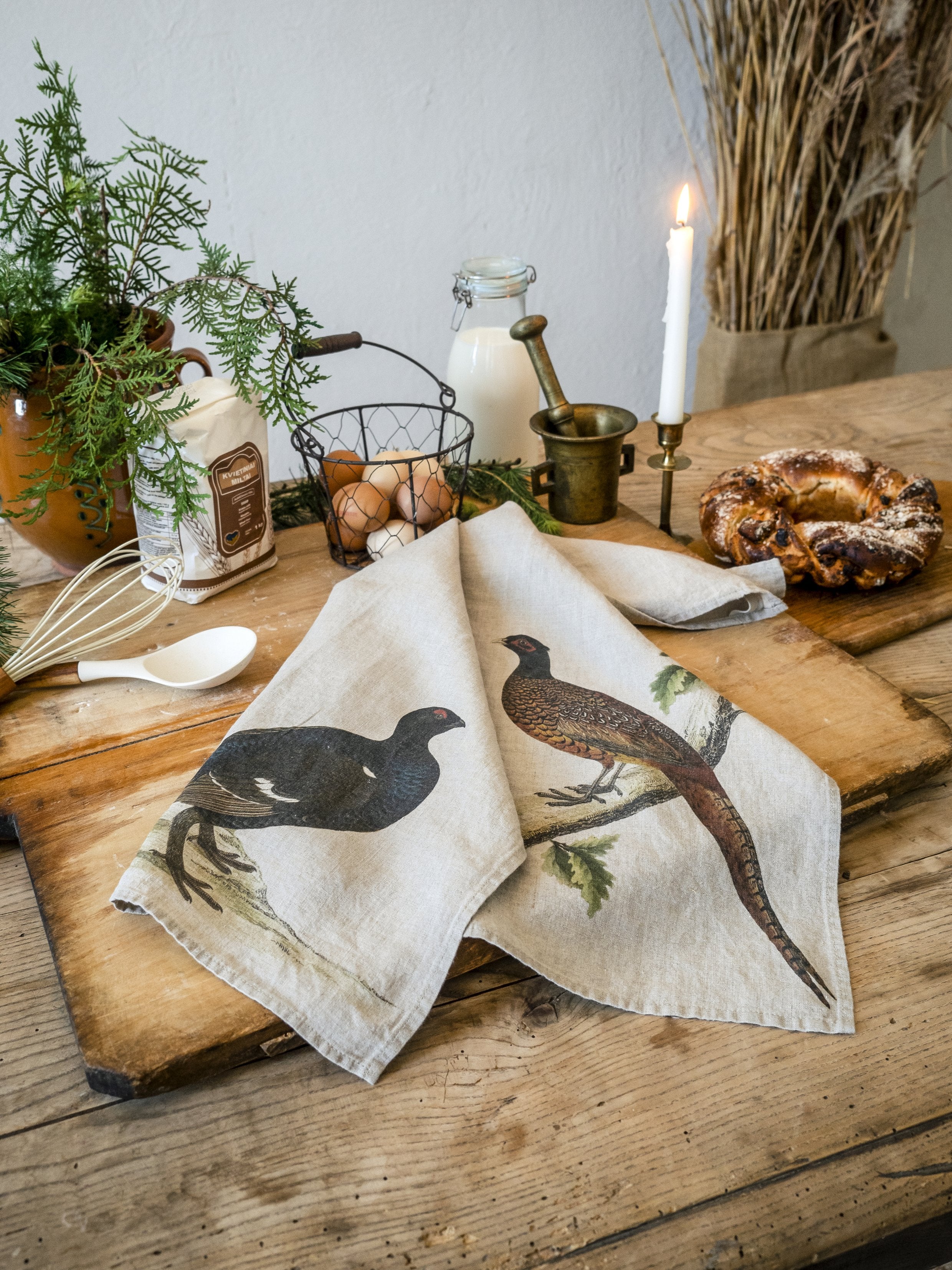 Linoroom "Forest Birds," Pair of pure linen printed tea towels.