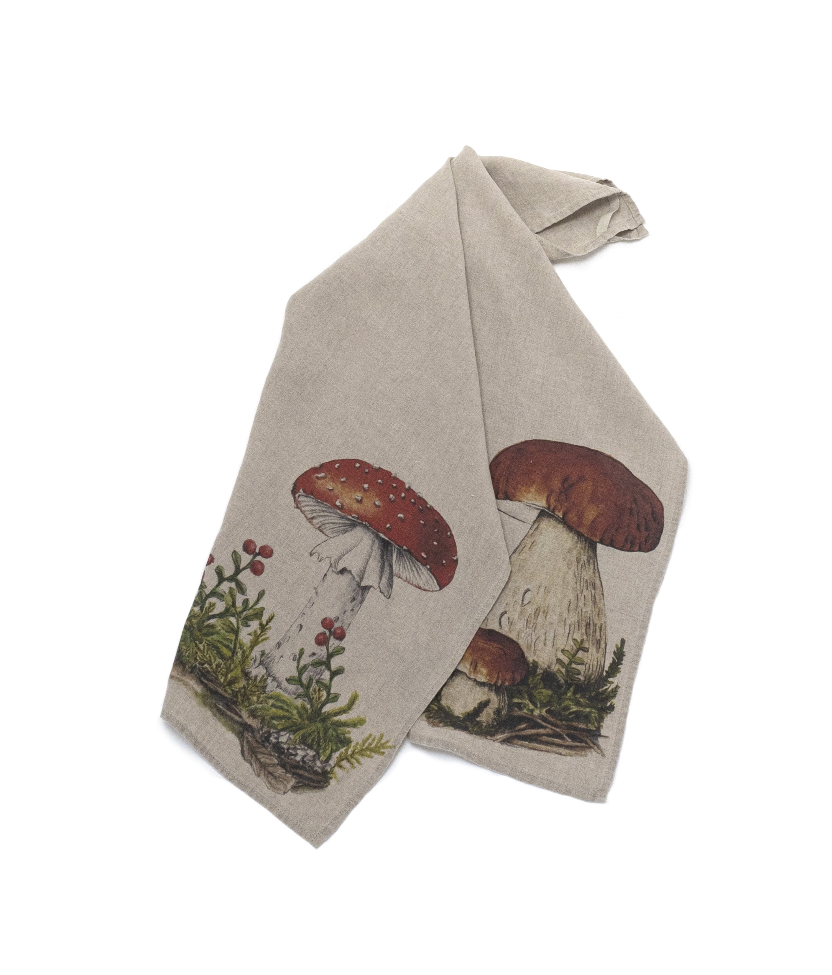 Linoroom “Forest Mushrooms,” Pair of linen printed tea towels.