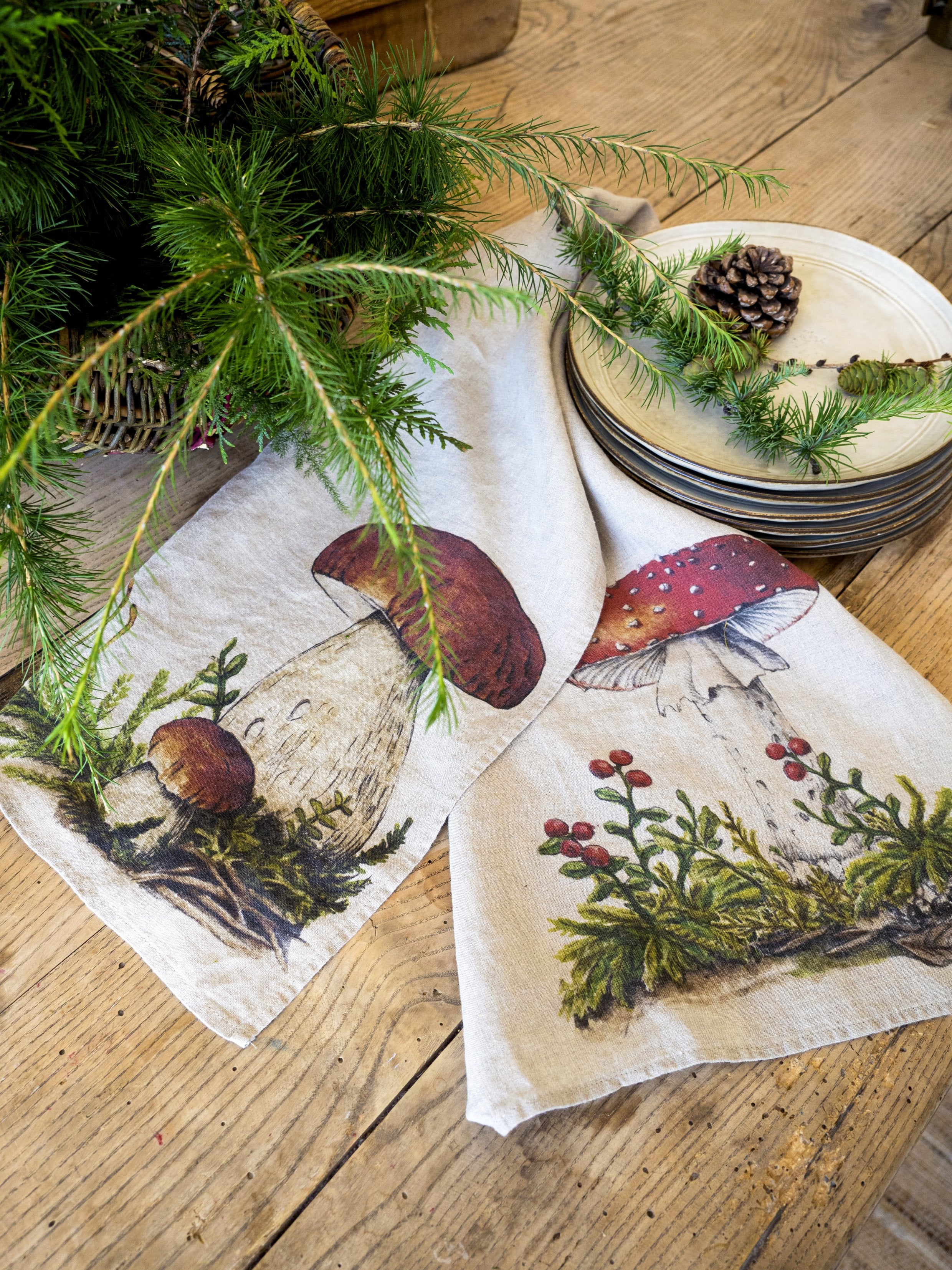 Linoroom “Forest Mushrooms,” Pair of linen printed tea towels.