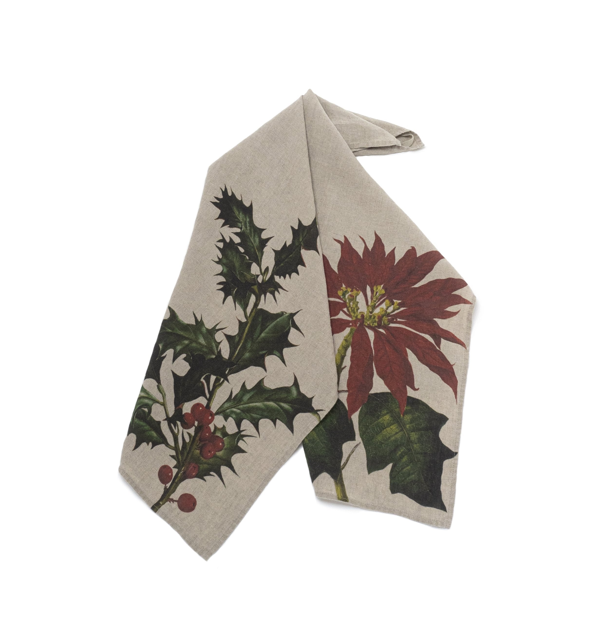 Linoroom “Holly & Poinsettia,” Pair of linen printed tea towels.