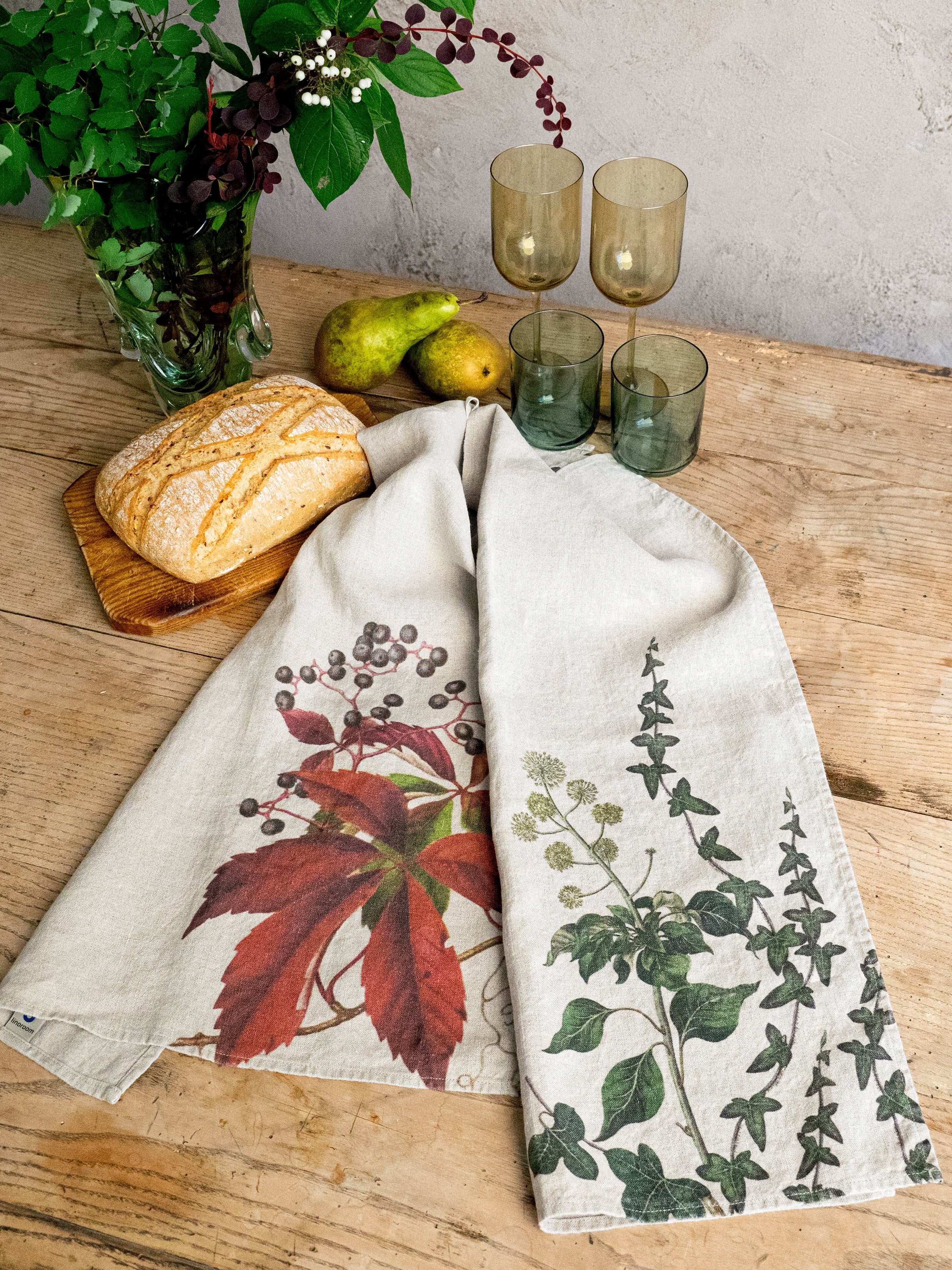 Linoroom “Ivy & Creeper,” Pair of linen printed tea towels.