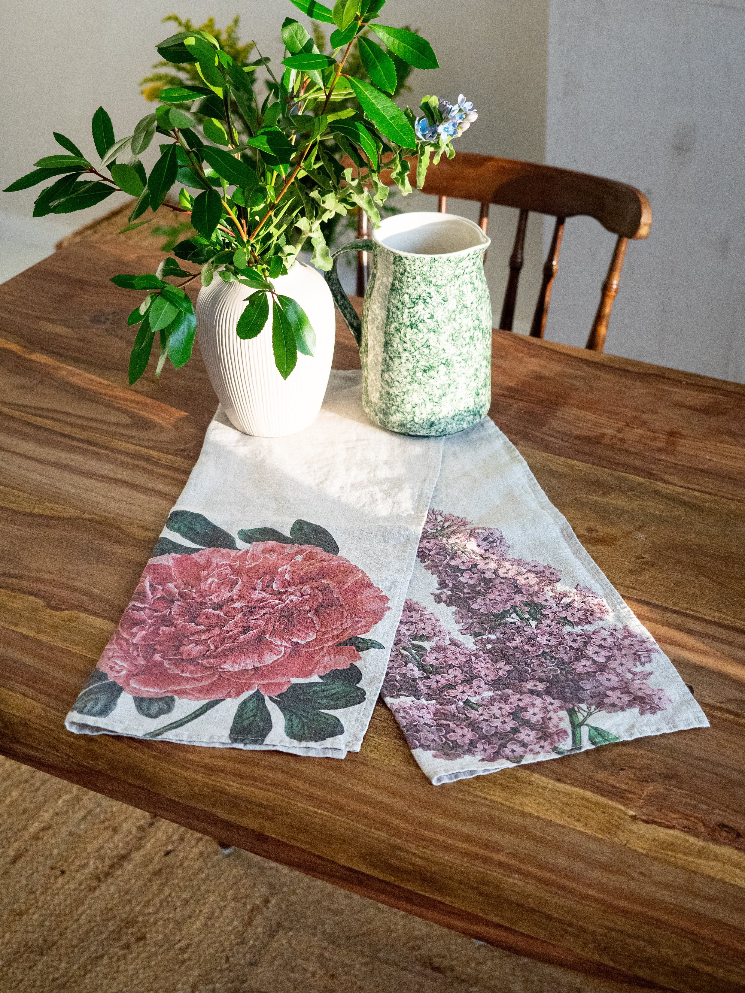 Linoroom “Peony & Lilac,” Pair of linen printed tea towels.