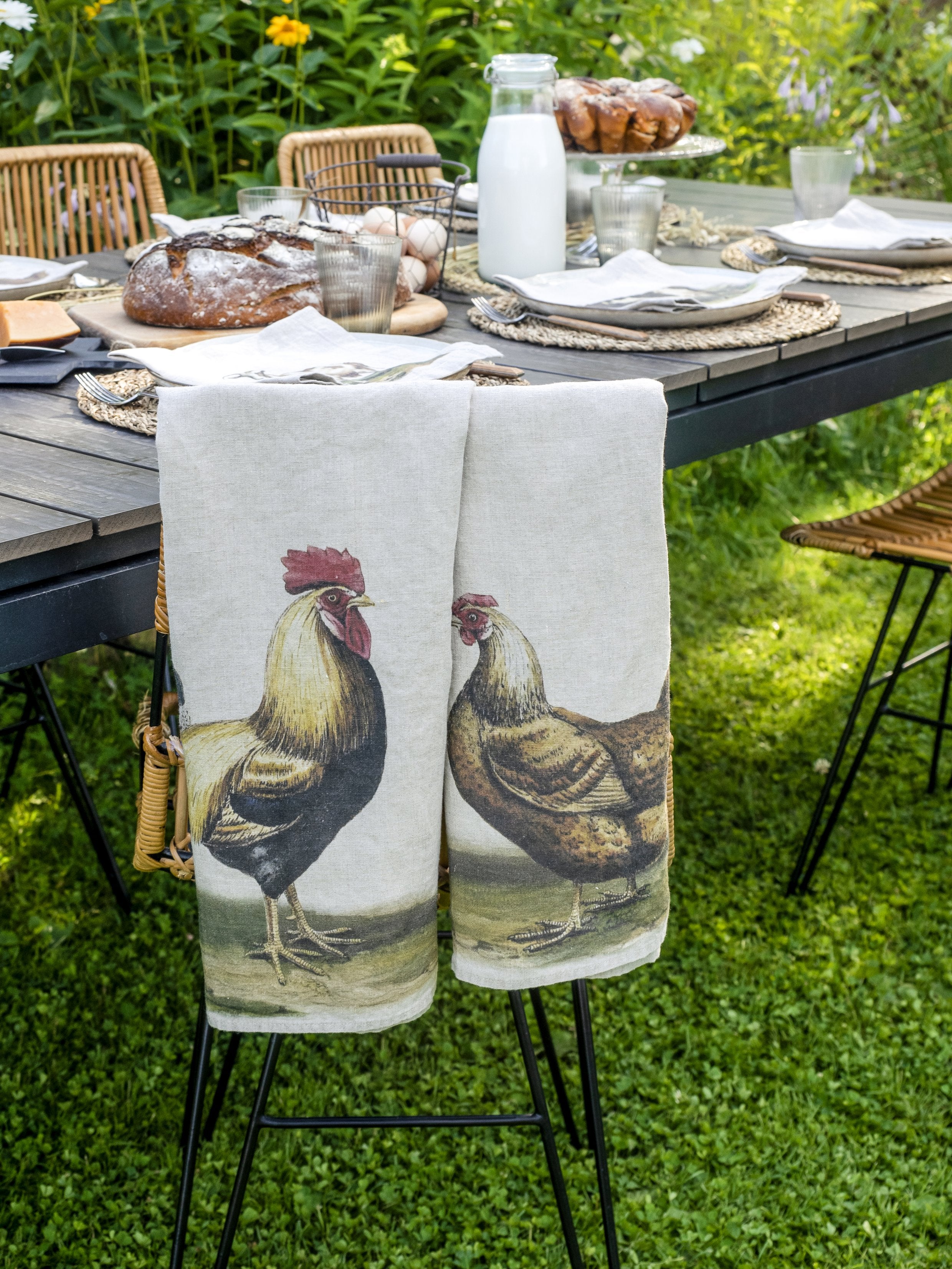 Linoroom “Rooster & Hen,” Pair of linen printed tea towels.