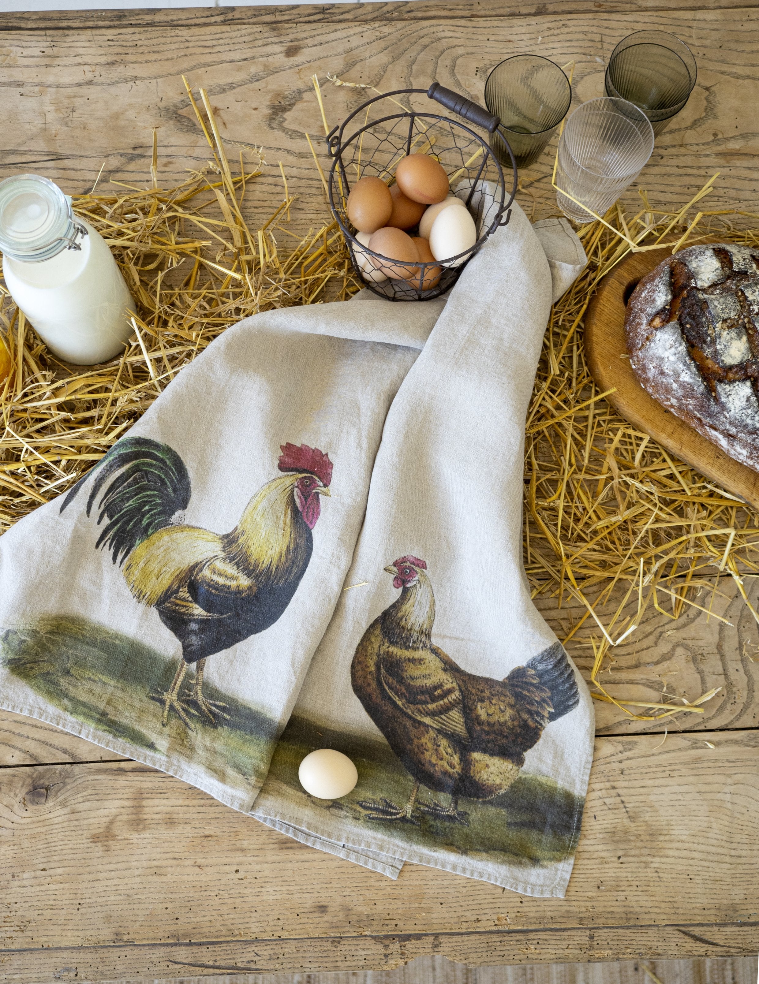 Linoroom “Rooster & Hen,” Pair of linen printed tea towels.