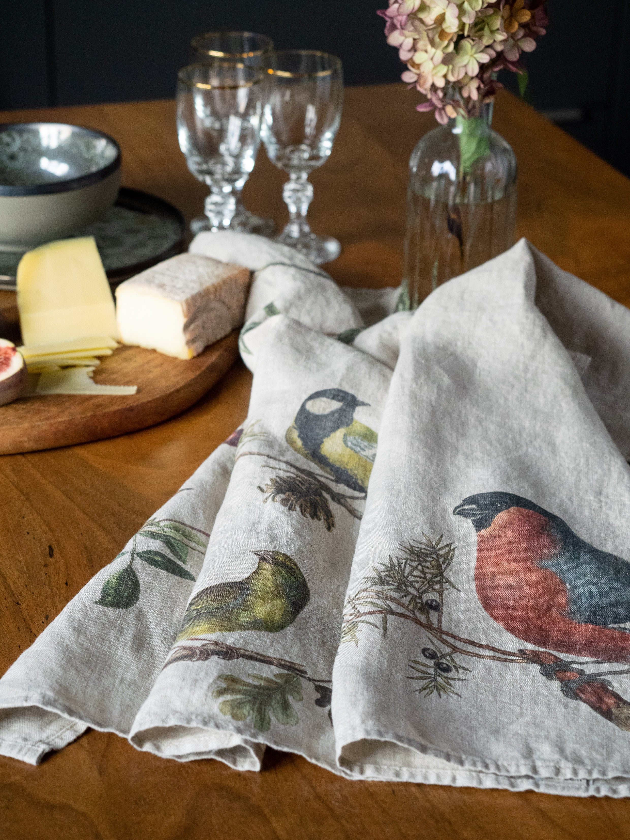 Linoroom “Small Birds,” Pair of linen printed tea towels.