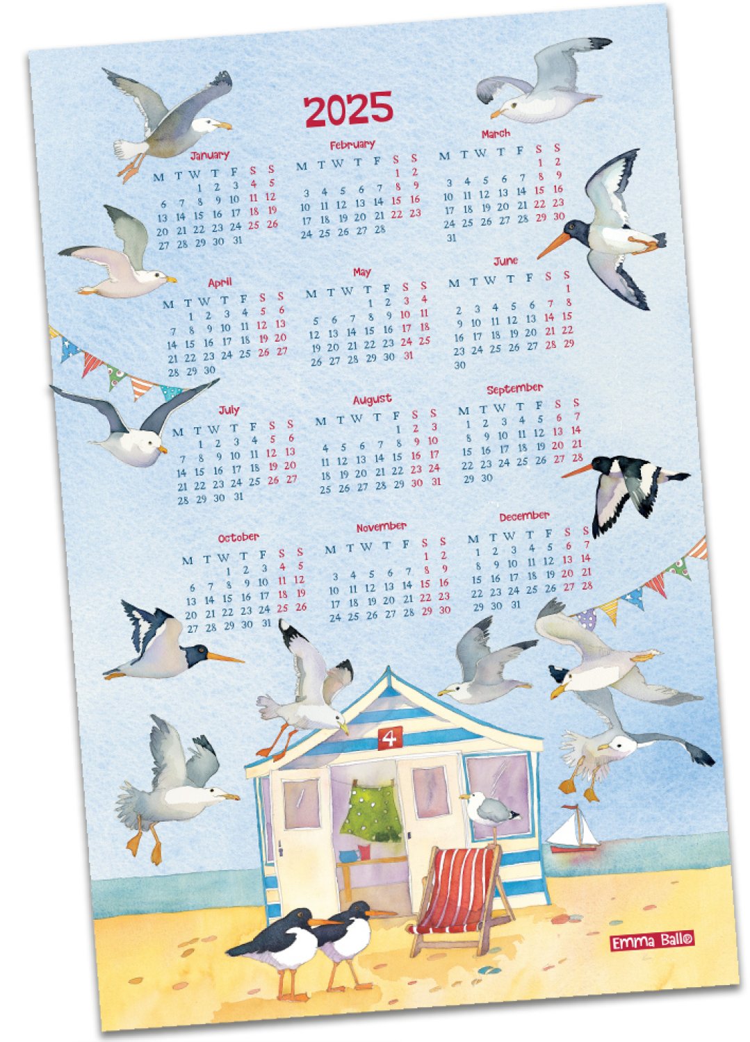 Emma Ball "Seaside – 2025 Calendar", Pure cotton tea towel. Printed in the UK.