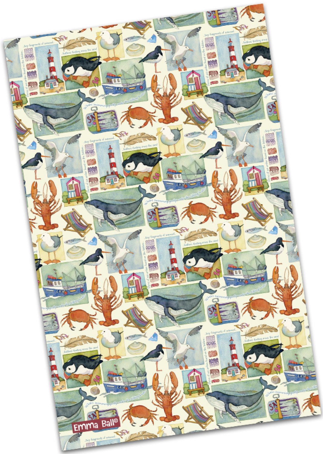 Emma Ball "Coastal Pieces", Pure cotton tea towel. Printed in the UK.