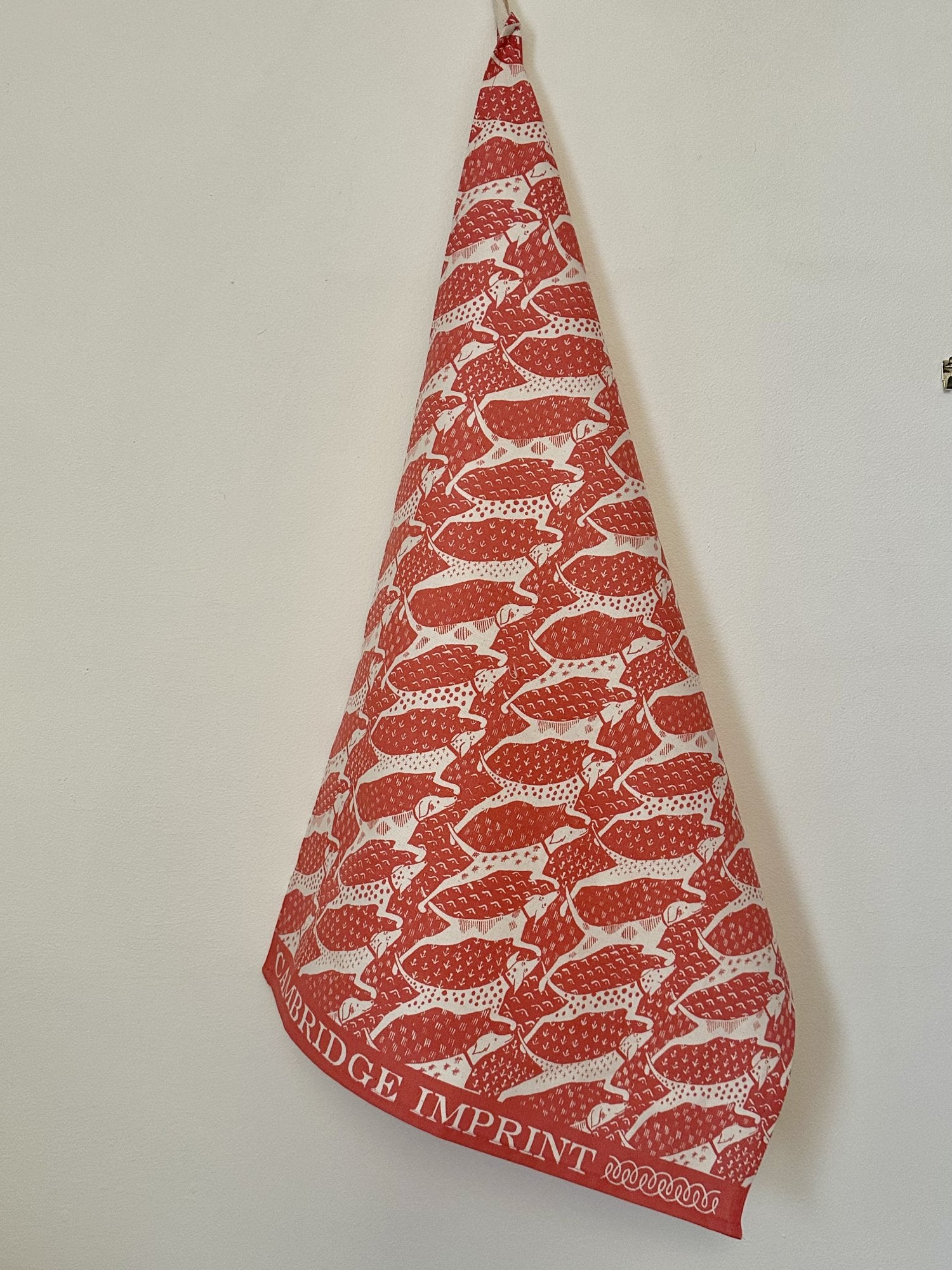 Cambridge Imprint "Dogs Coral", Pure cotton tea towel. Printed in the UK.