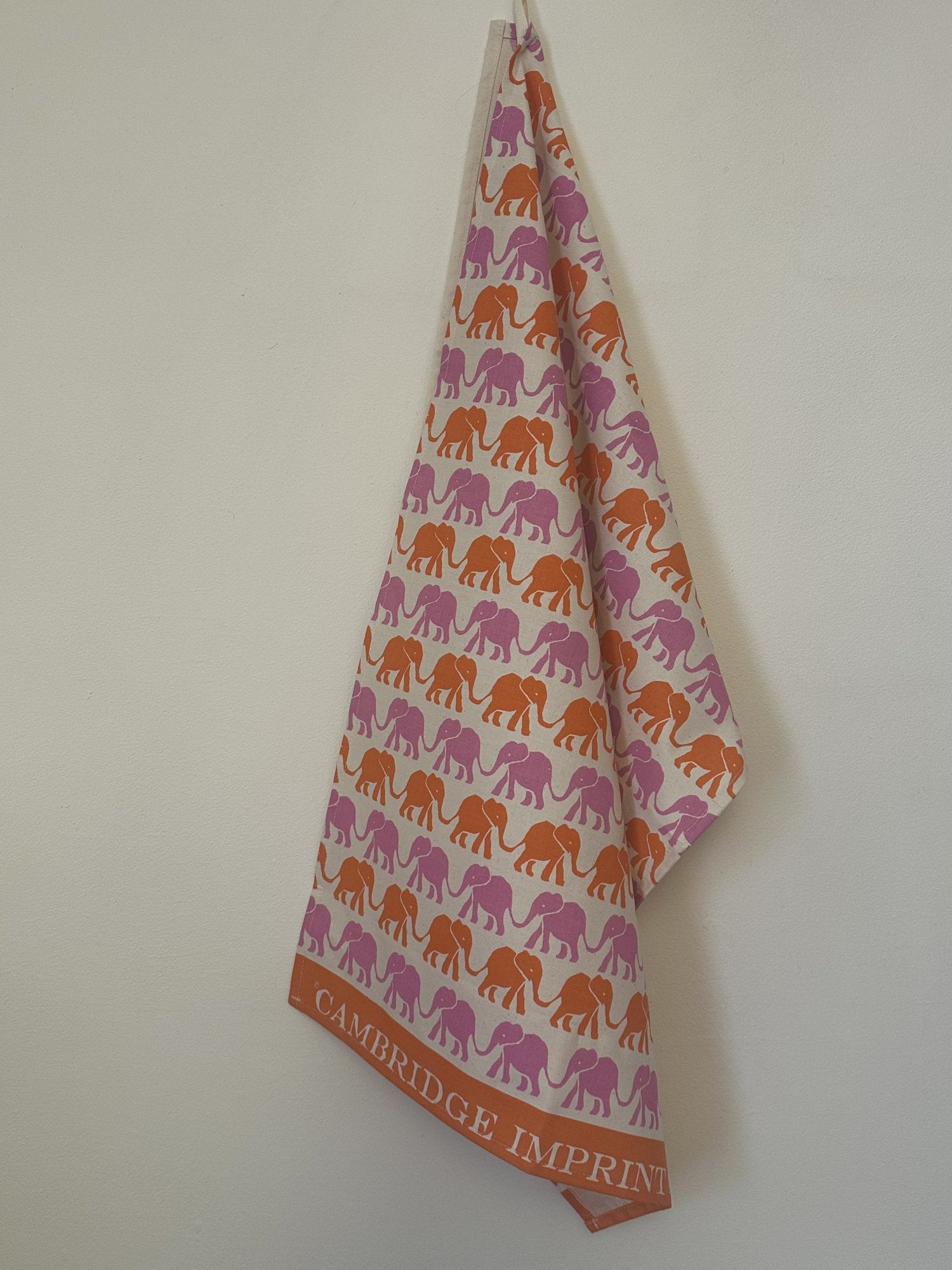 Cambridge Imprint "Elephants Pink & Orange", Pure cotton tea towel. Printed in the UK.