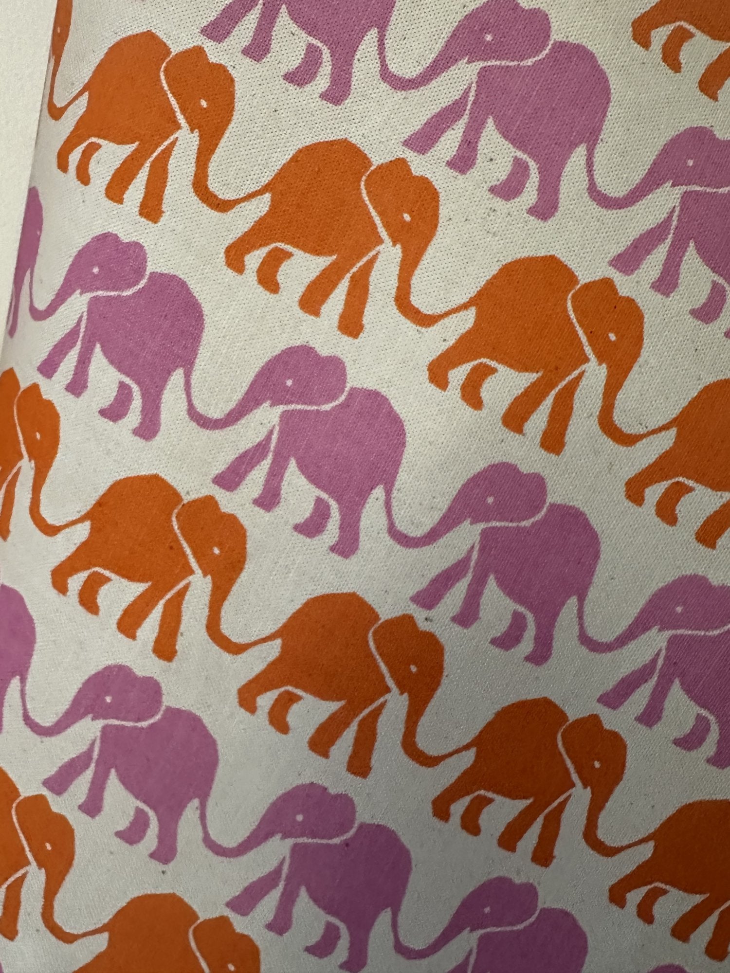 Cambridge Imprint "Elephants Pink & Orange", Pure cotton tea towel. Printed in the UK.