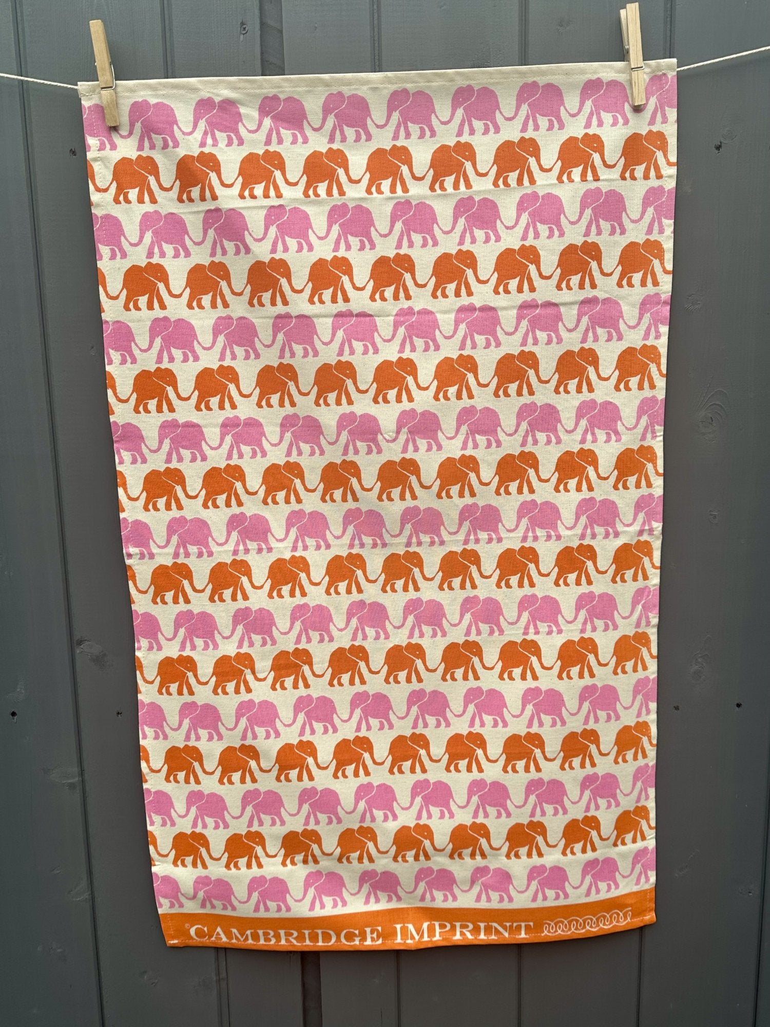 Cambridge Imprint "Elephants Pink & Orange", Pure cotton tea towel. Printed in the UK.