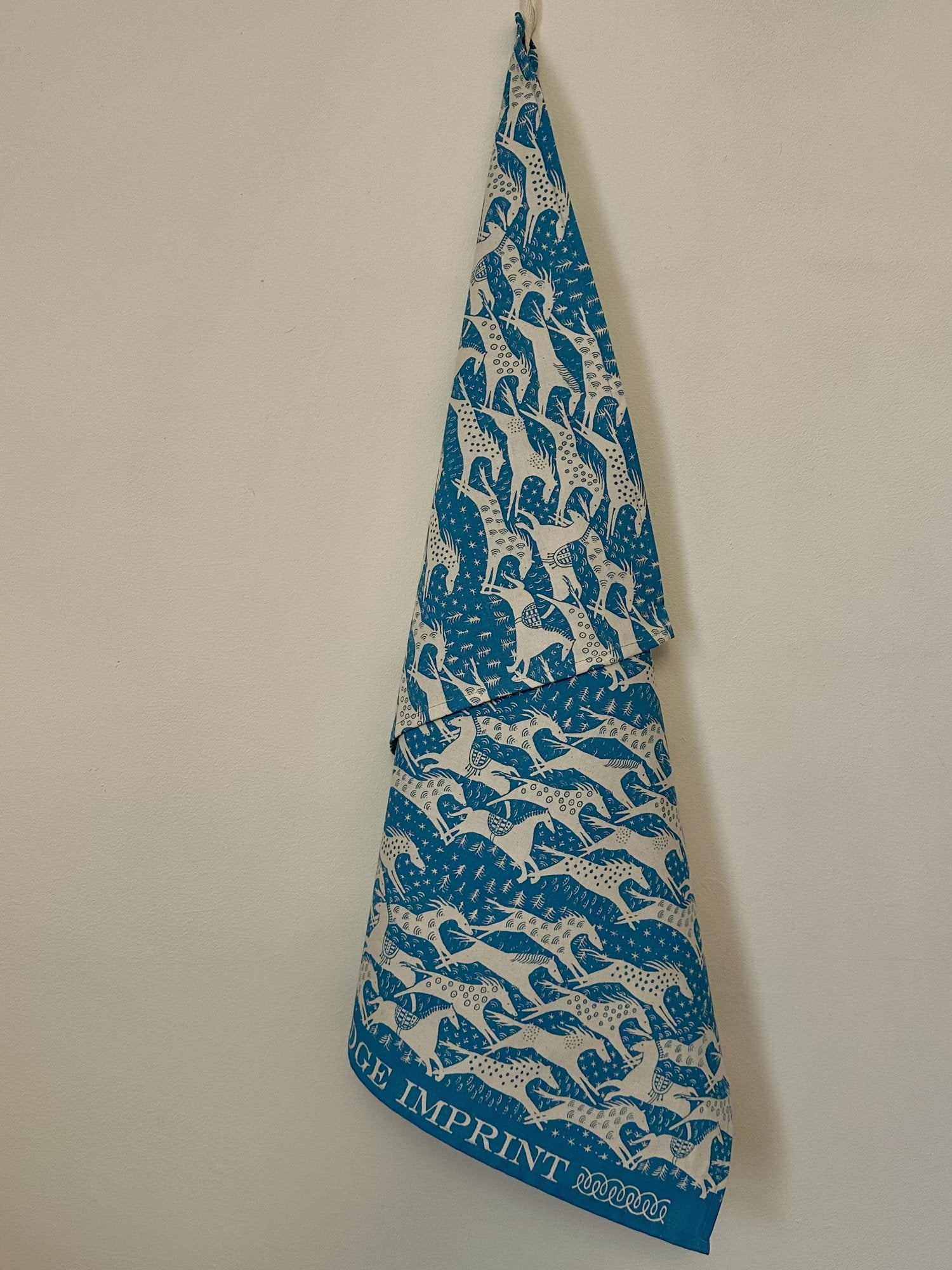 Cambridge Imprint "Horses Turquoise", Pure cotton tea towel. Printed in the UK.