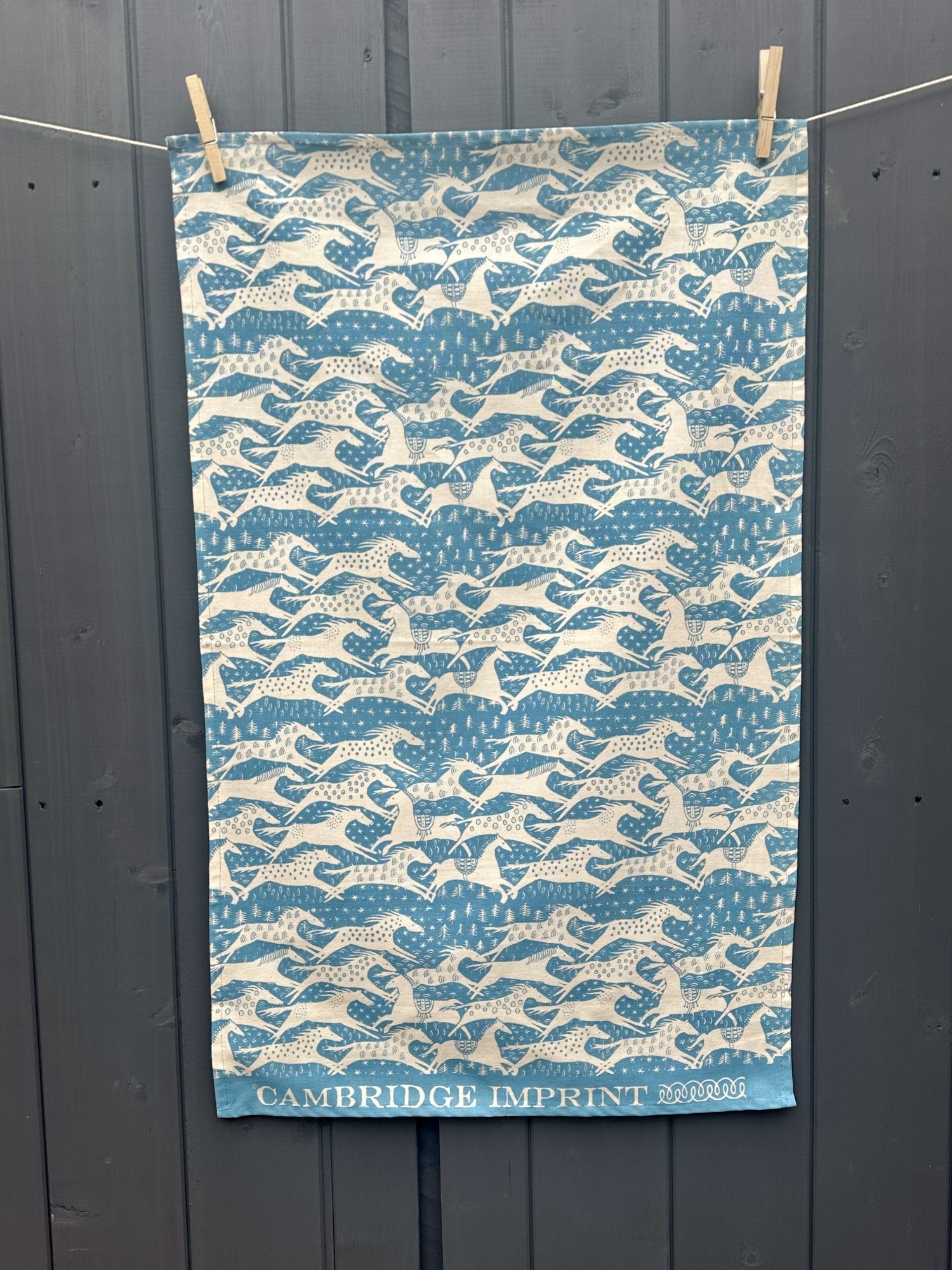 Cambridge Imprint "Horses Turquoise", Pure cotton tea towel. Printed in the UK.