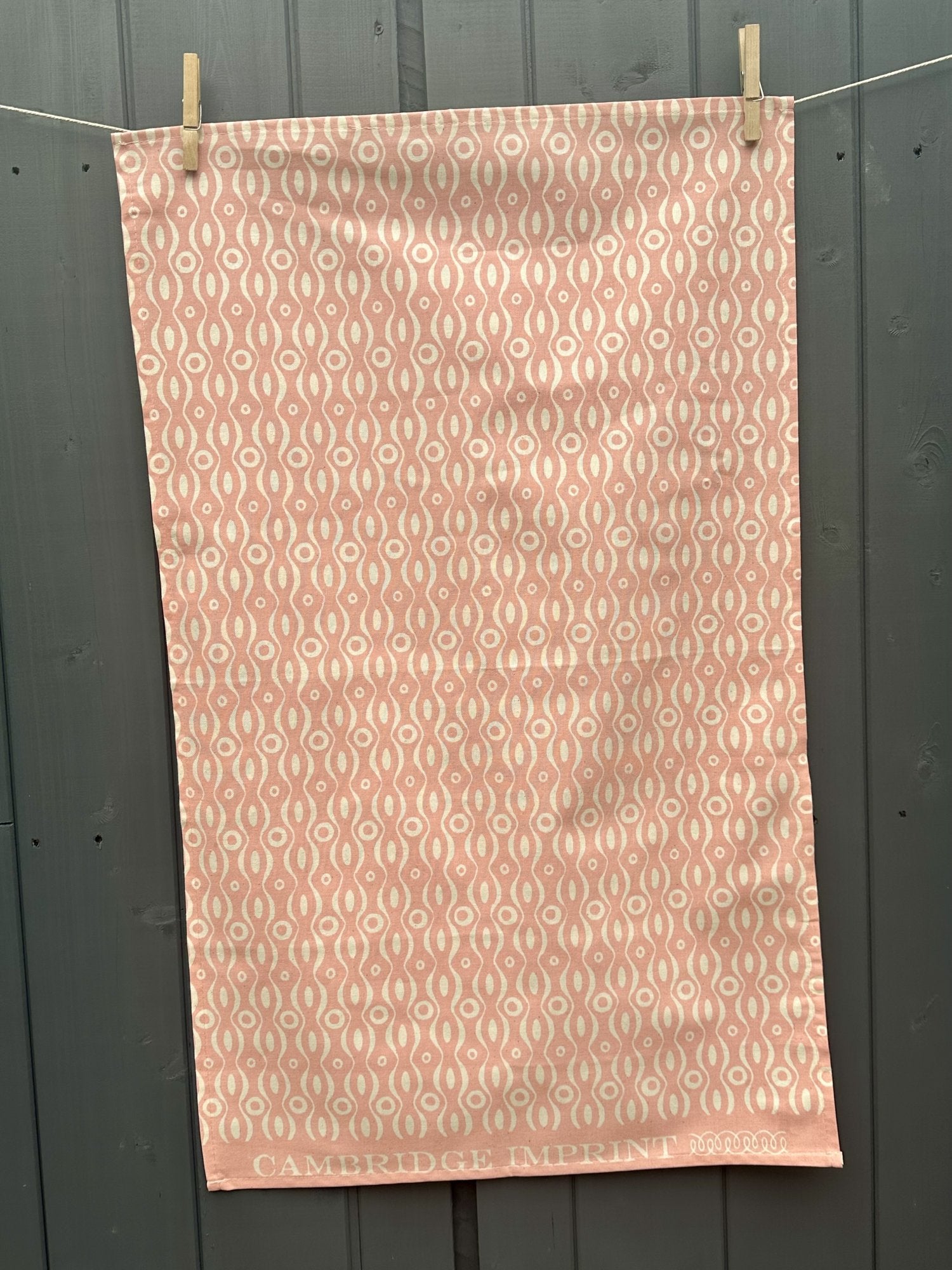 Cambridge Imprint "Persephone Pink", Pure cotton tea towel. Printed in the UK.