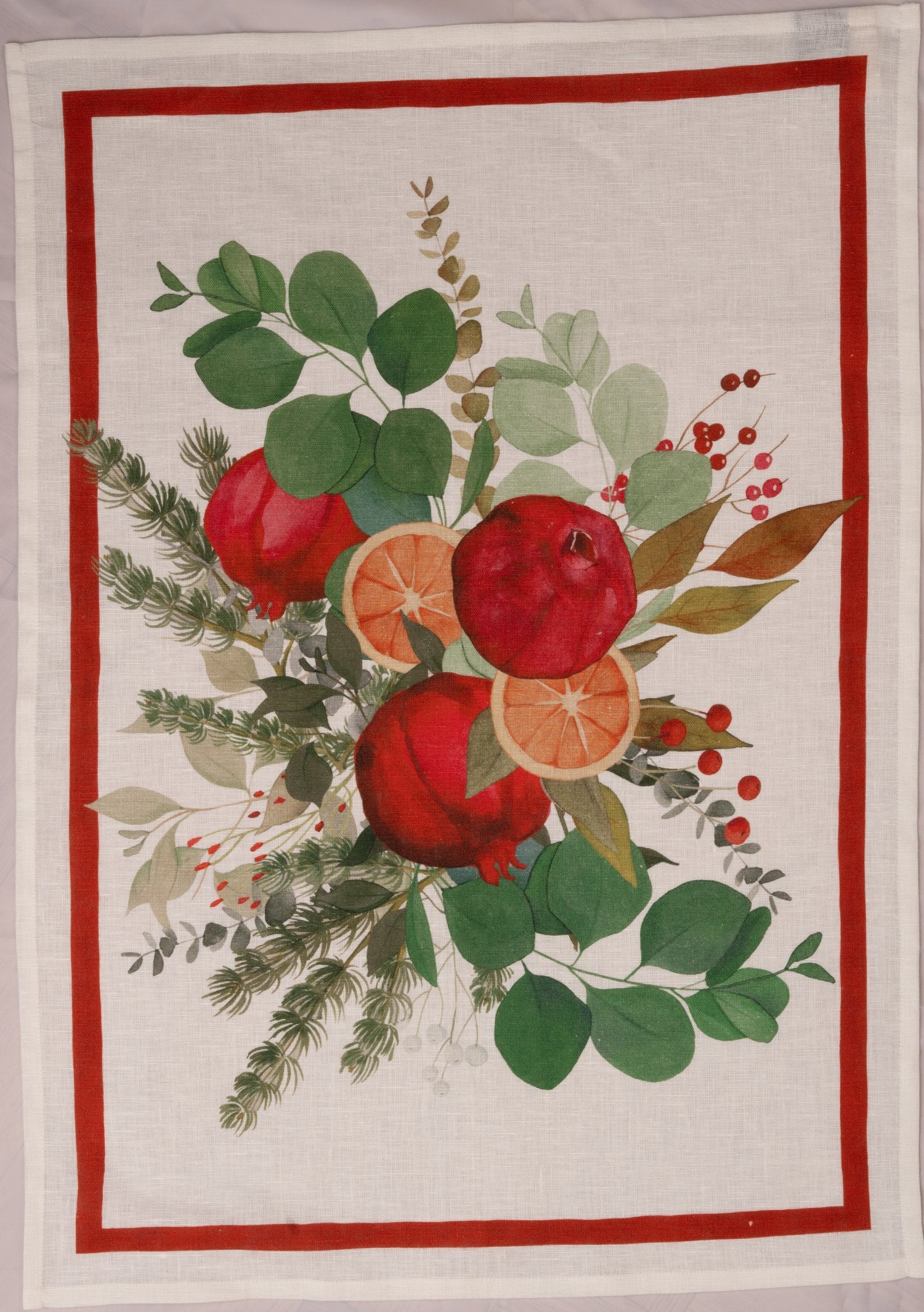 Tessitura Toscana Telerie, “Garland Glee - Red”, Pure linen printed tea towel.