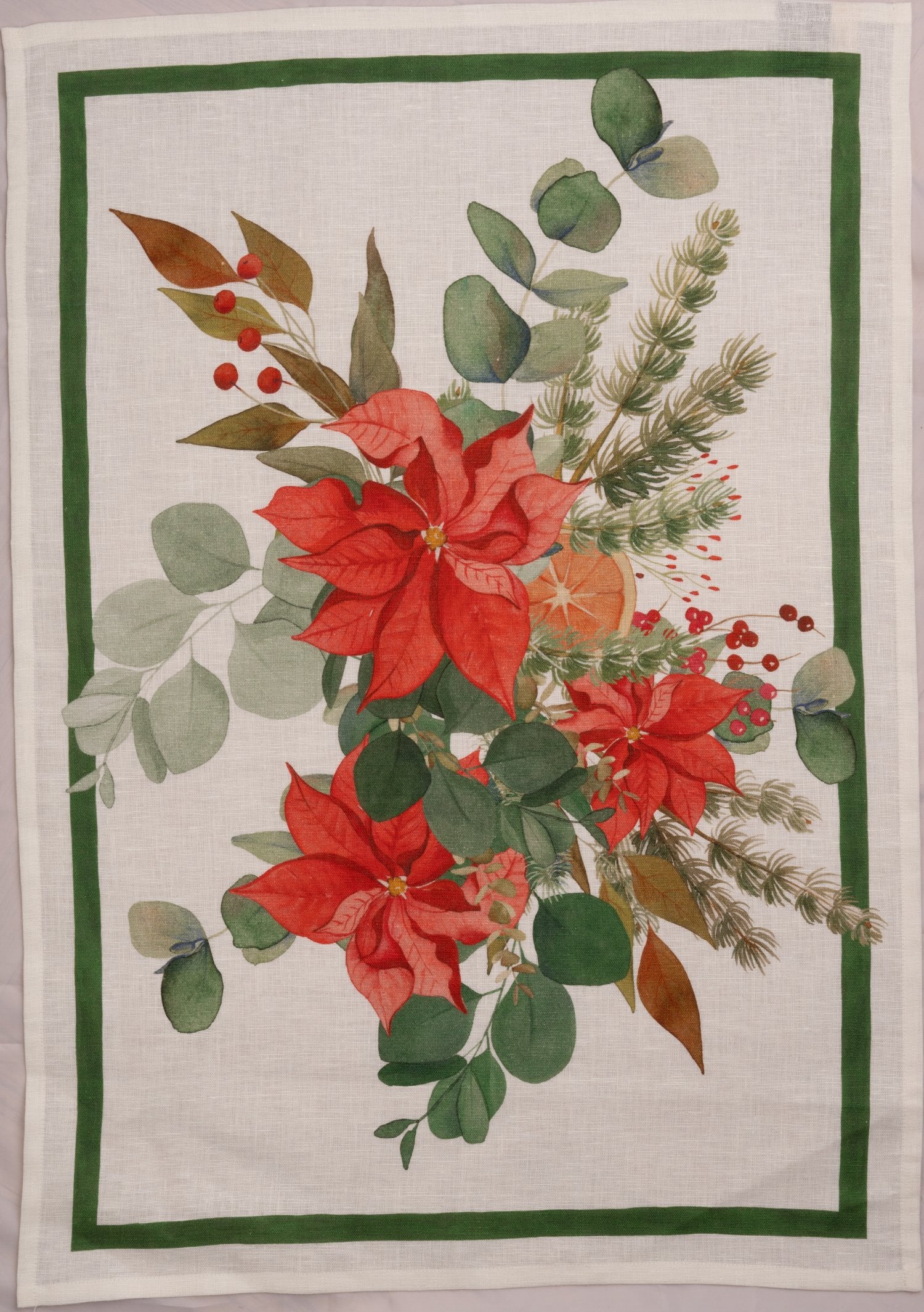 Tessitura Toscana Telerie, “Garland Glee - Green”, Pure linen printed tea towel.