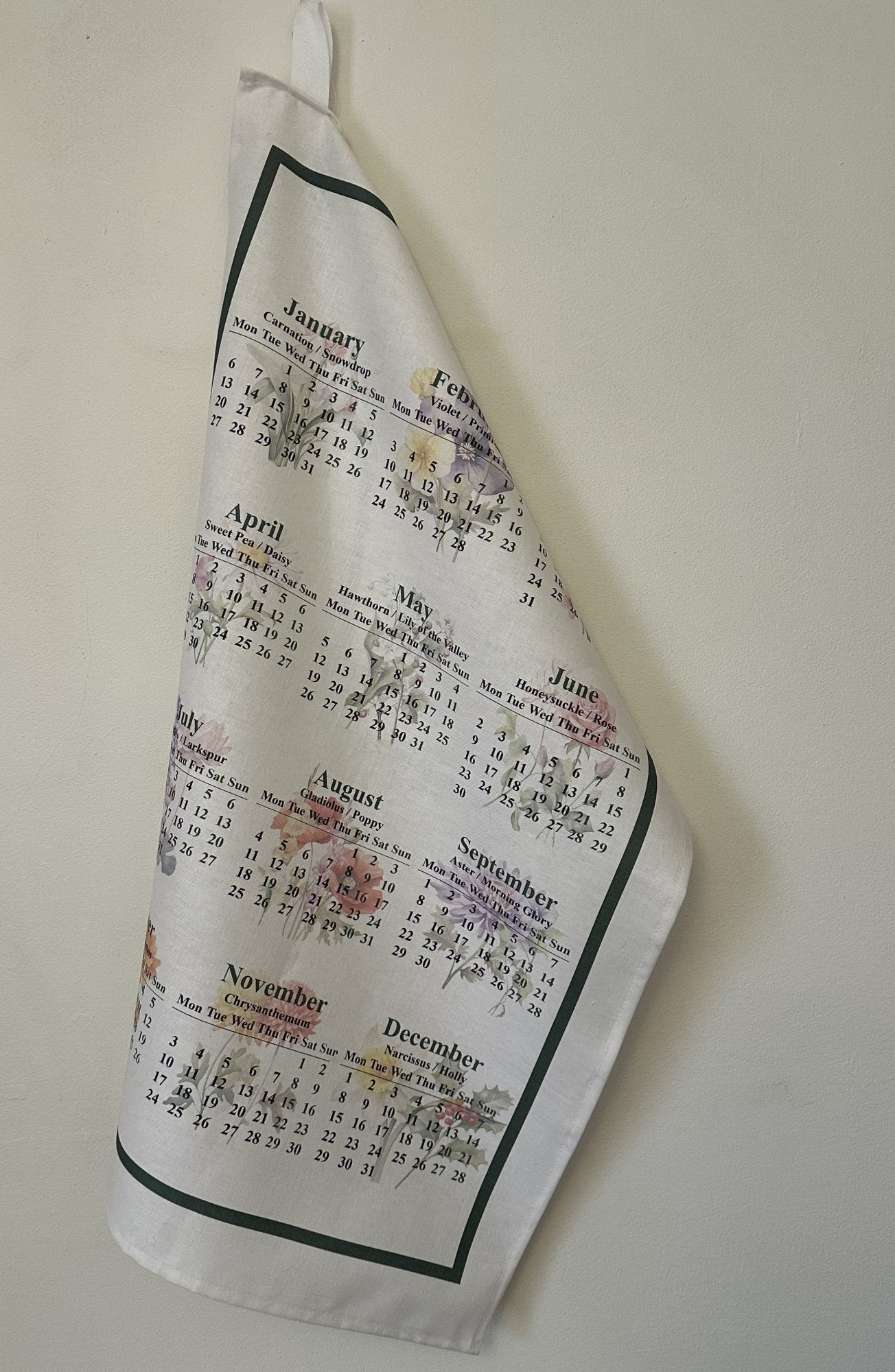 Home-Landing, “Calendar 2025 - Birth Flowers”, Linen union tea towel. UK.