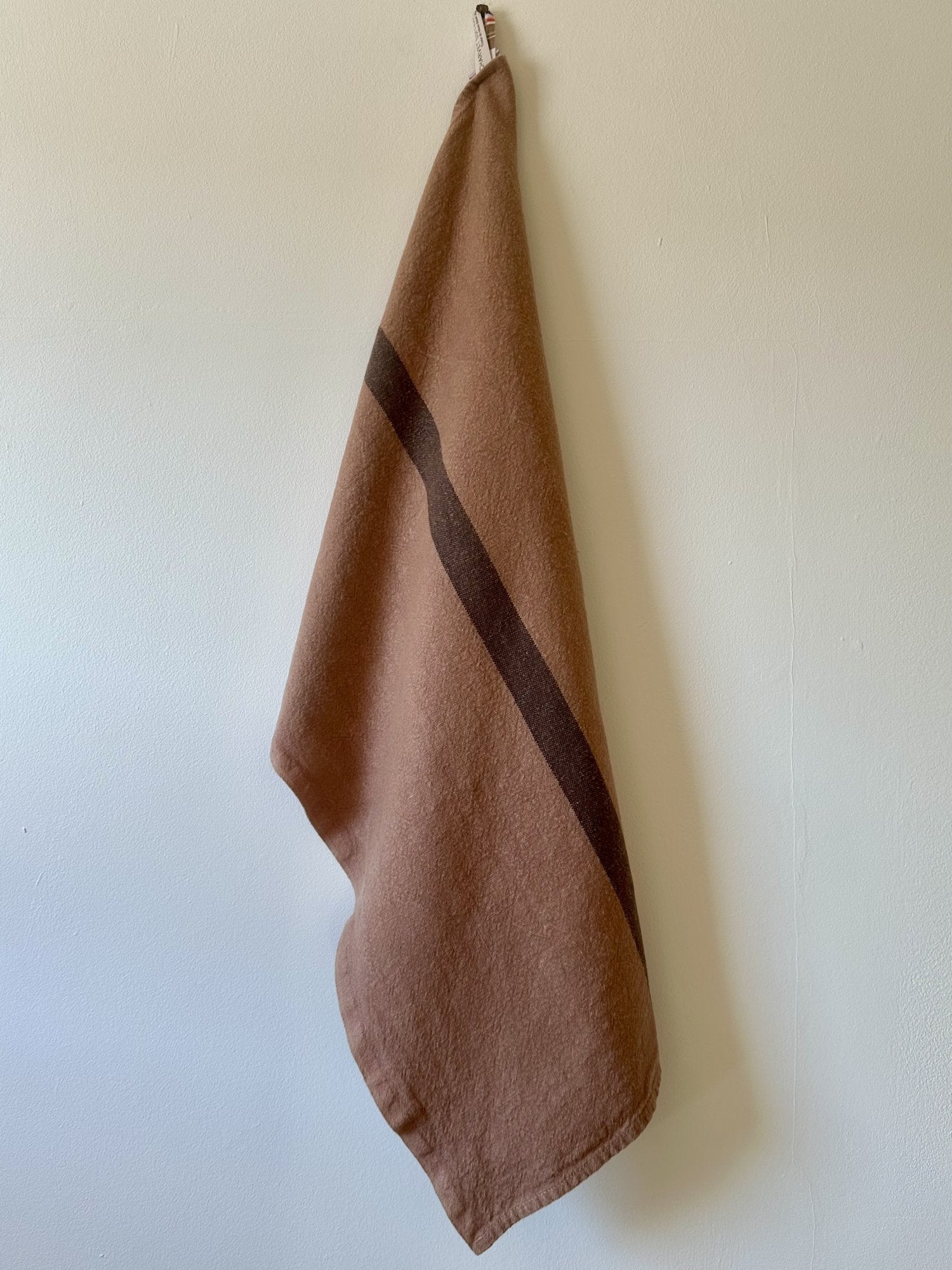 Charvet Editions "Doudou Stripe" (Cafe au Lait & Marron), Natural woven linen tea towel. Made in France.