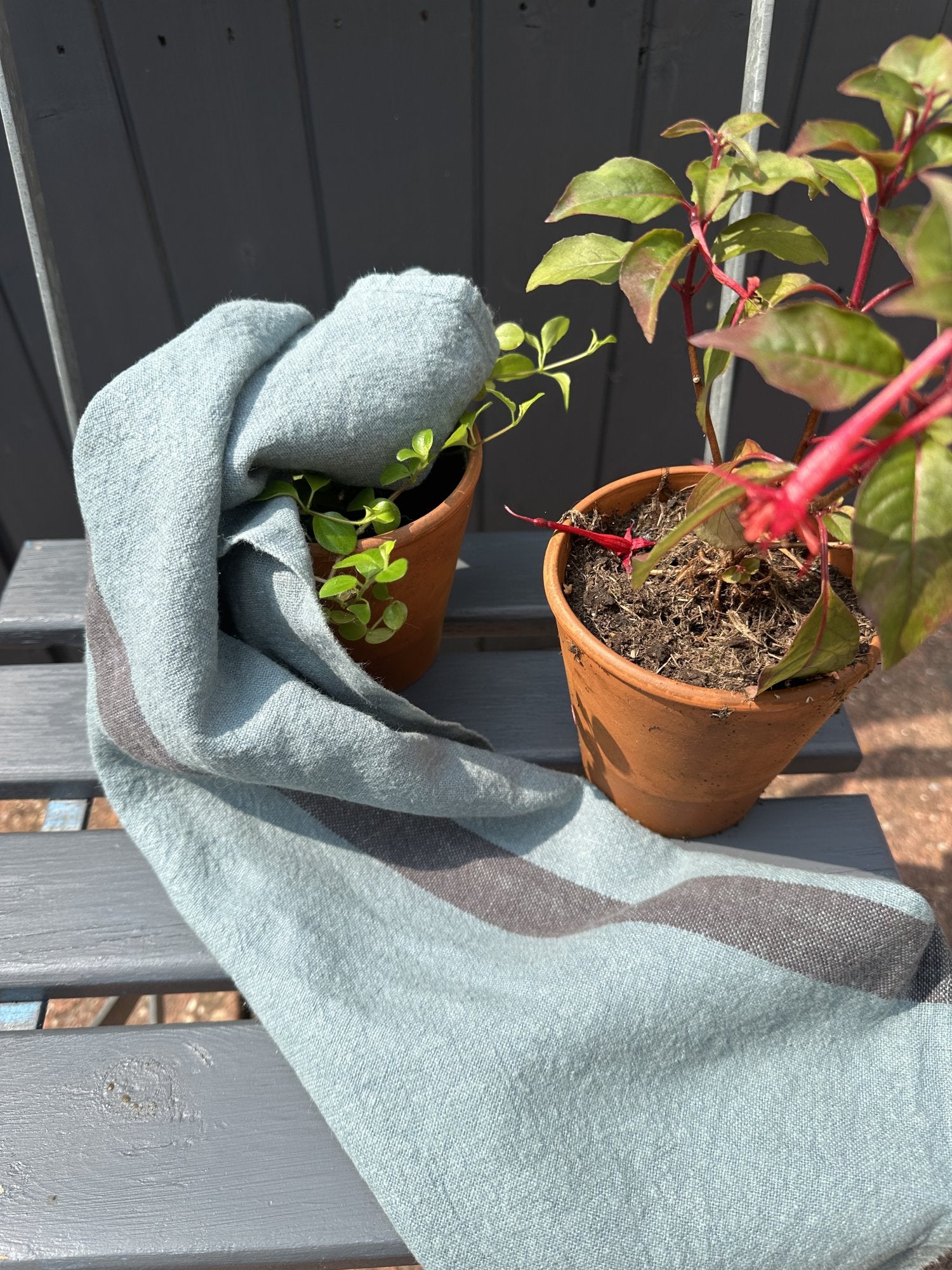 Charvet Editions "Doudou Stripe" (Vert-de-gris & Marron), Natural woven linen tea towel. Made in France.