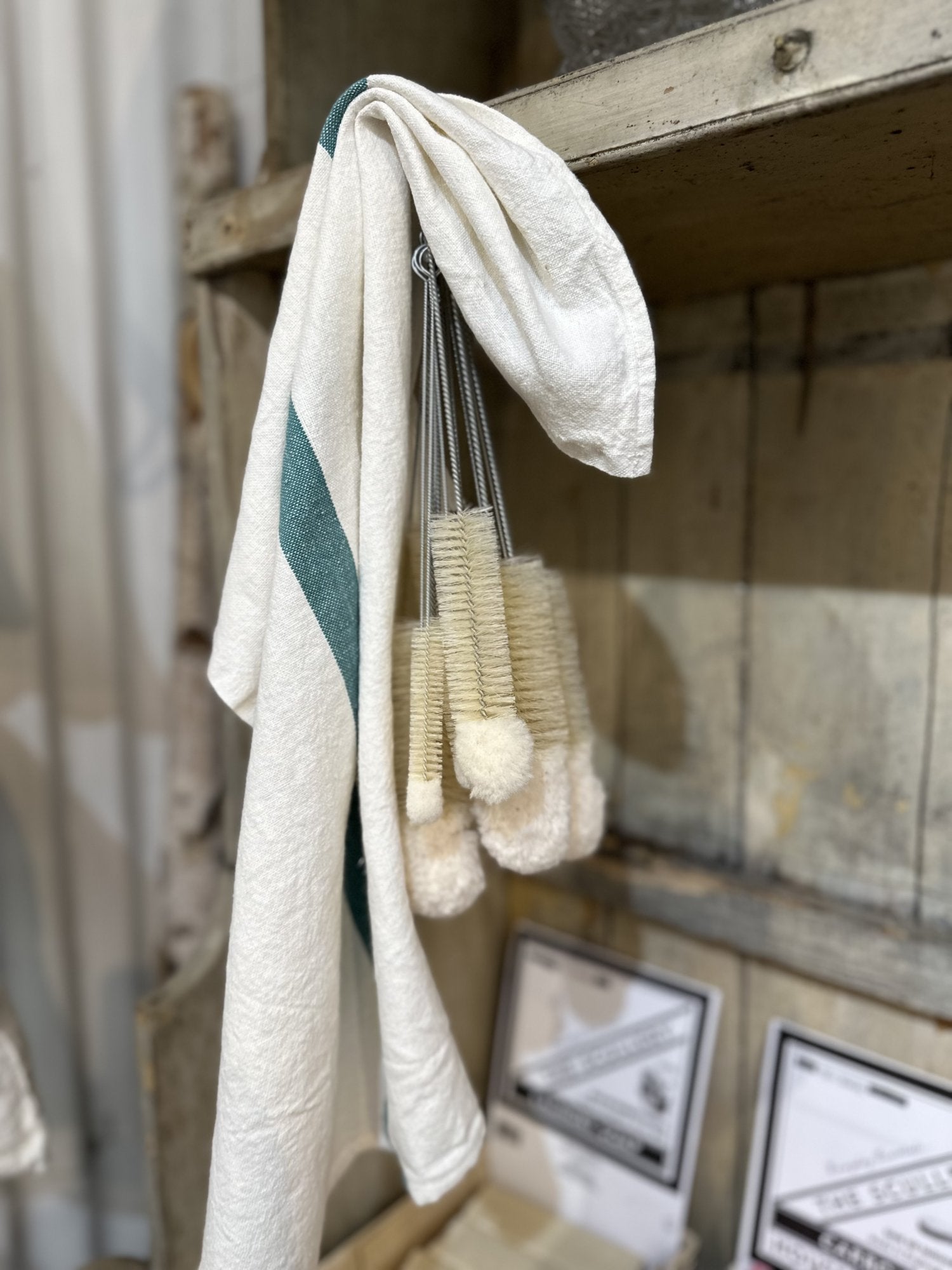 Charvet Editions "Doudou Stripe" (White & Aqua), White woven linen tea towel. Made in France.