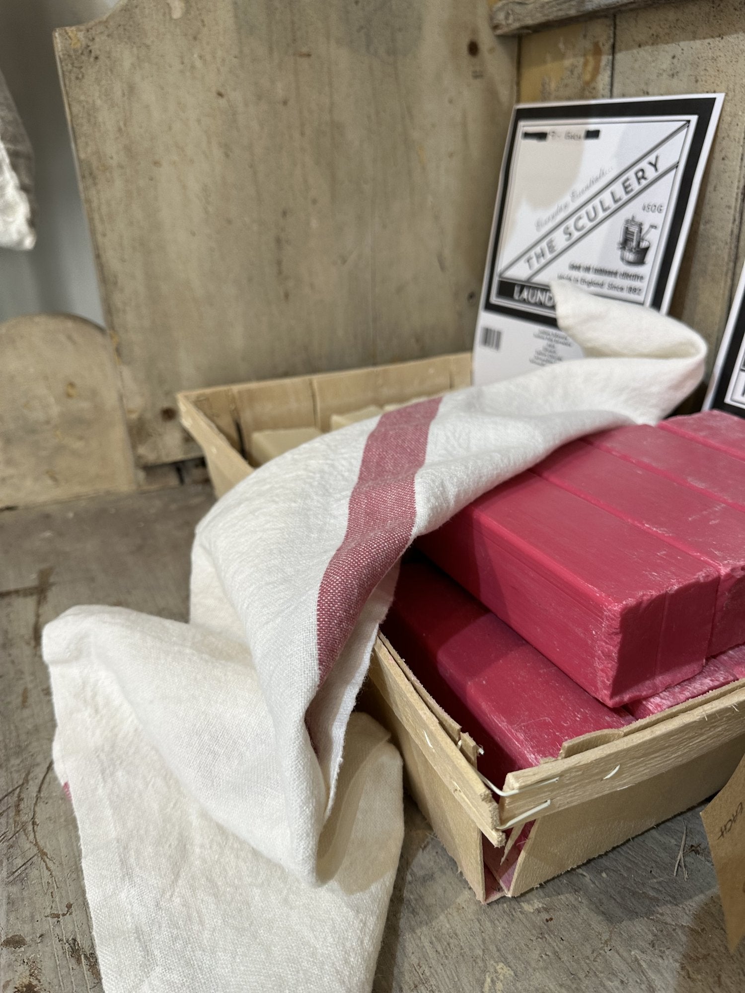 Charvet Editions "Doudou Stripe" (White & Rose), White woven linen tea towel. Made in France.