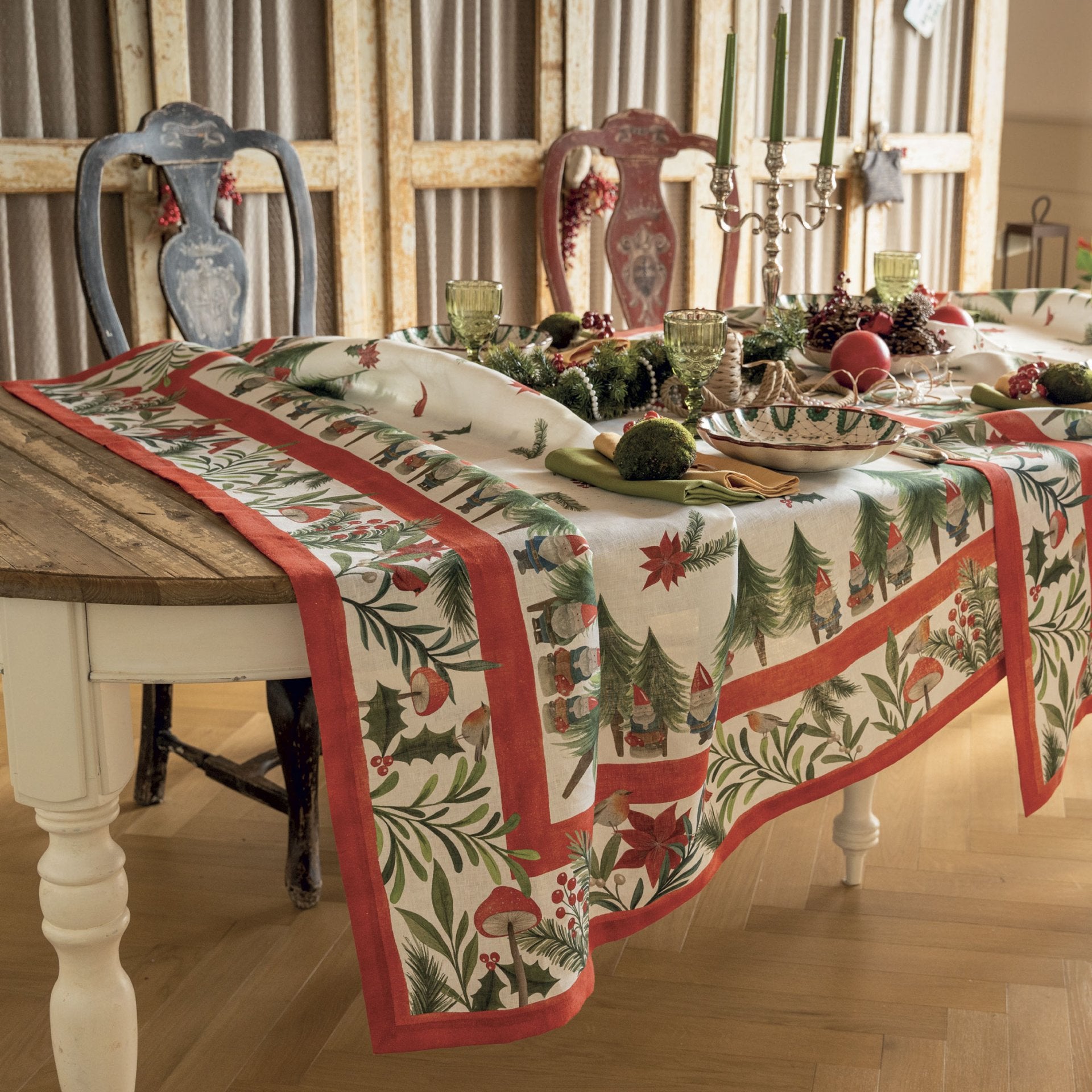 Tessitura Toscana Telerie, “Jolly Elf”, Pure linen printed tablecloth.