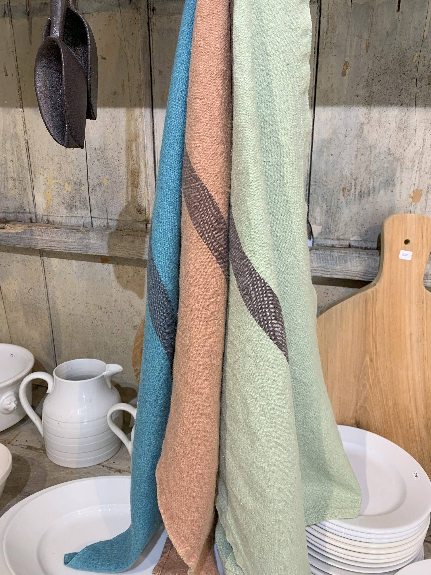 Charvet Editions "Doudou Stripe" (Pistache & Marron), Natural woven linen tea towel. Made in France.