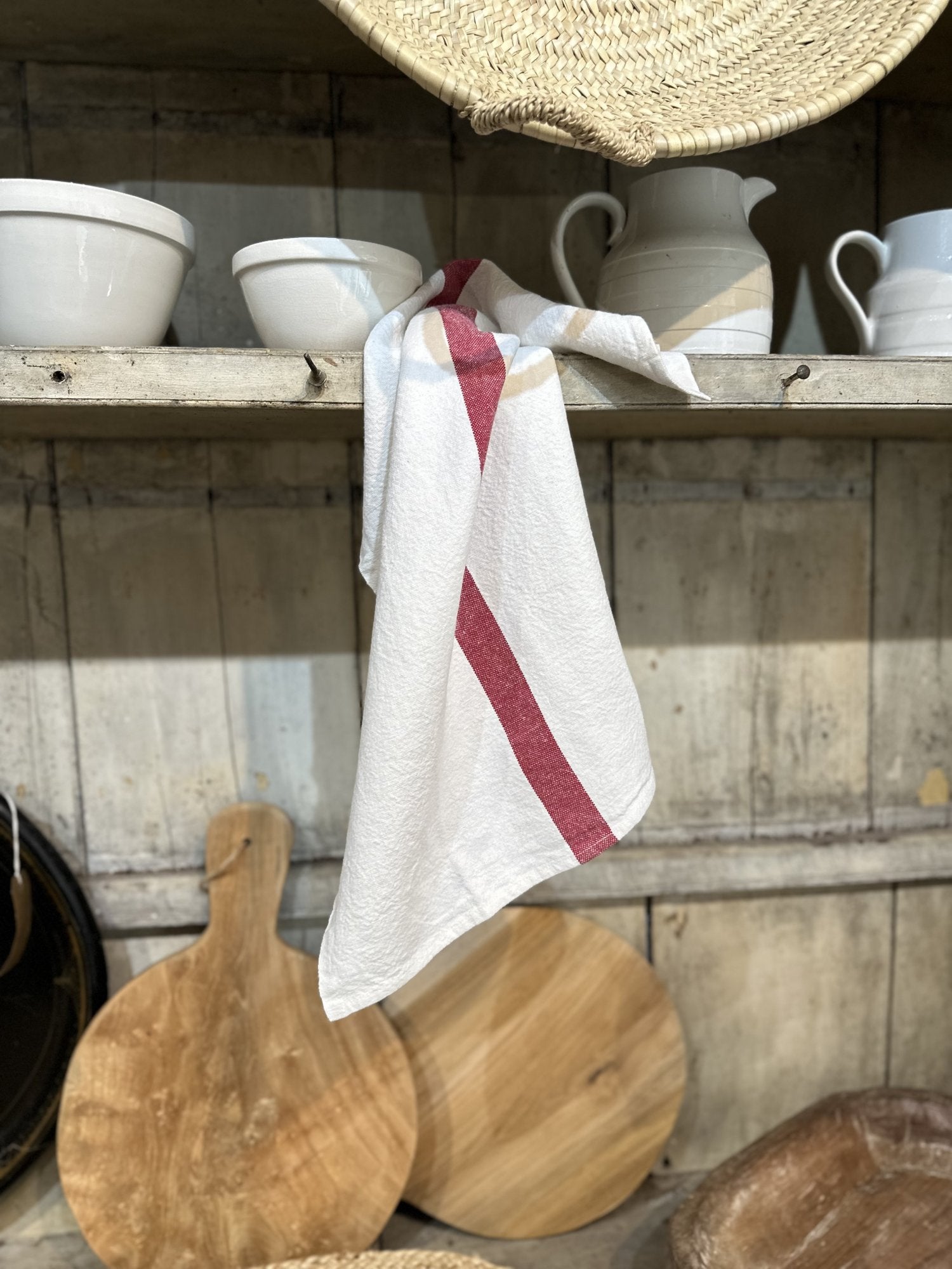 Charvet Editions "Doudou Stripe" (White & Red), White woven linen tea towel. Made in France.