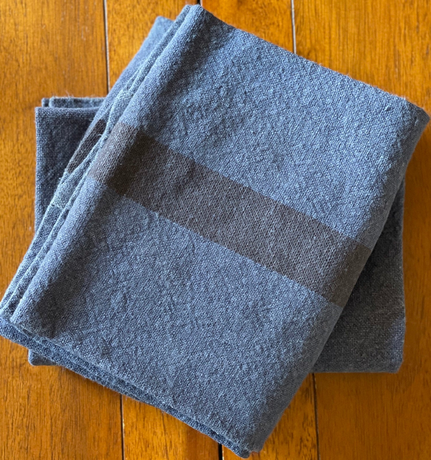 Charvet Editions "Doudou Stripe" (Indigo & Marron), Natural woven linen tea towel. Made in France.